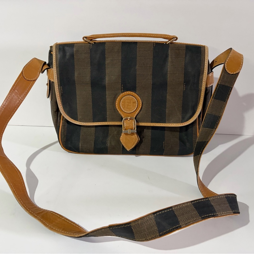 FENDI pequn Striped Black and Brown Crossbody Bag